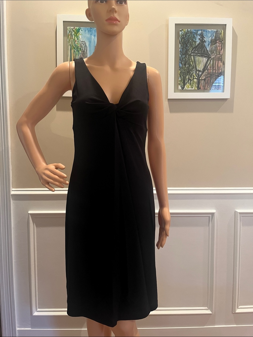 BCBG Black Midi Twist-Front V-Neck Dress